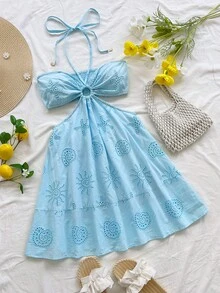 Soleia 女士海星刺绣镂空设计吊带迷你连衣裙 - 淺藍色 - 查看 4