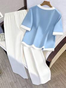 Franclia Contrast Binding Button Up Top & Pants - Blue and White - View 2