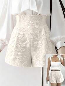 GlowEve 新款春夏高腰优雅女士休闲显瘦亮面提花碎花弹力腰女式短裤 - 杏色 - 查看 1