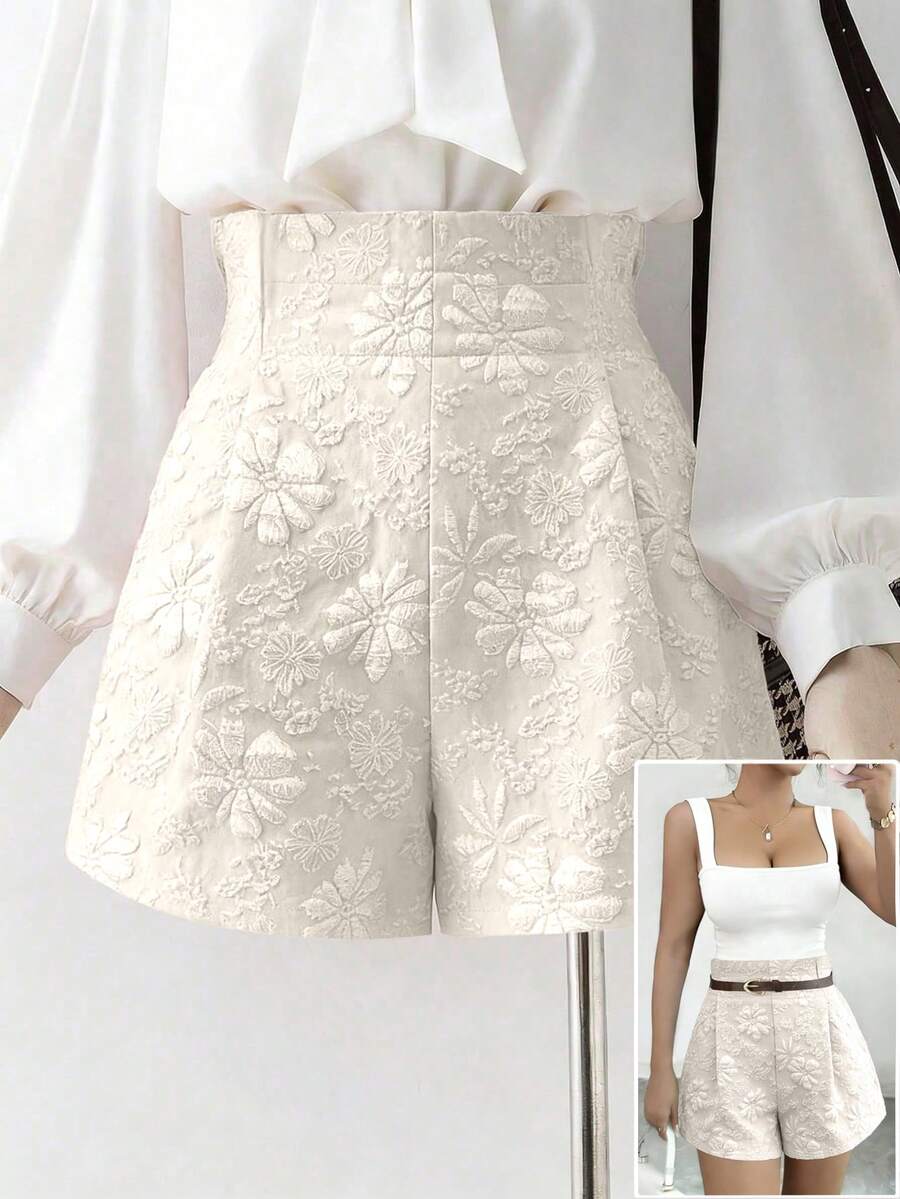 GlowEve 新款春夏高腰优雅女士休闲显瘦亮面提花碎花弹力腰女式短裤 - 杏色 - 查看 1