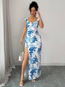 Arcane Artistry 新款夏季优雅短袖V领开衩连衣裙，夏威夷海滩风修身长裙，适合旅行、度假、约会、派对等场合。 - 彩色 - 查看 3