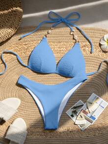 Swim Mod Bộ bikini hai mảnh gợi cảm hở lưng, thắt nút, đính ngọc trai, dây đeo cổ yếm, thích hợp cho bãi biển và kỳ nghỉ. - Màu xanh lam - Xem 4