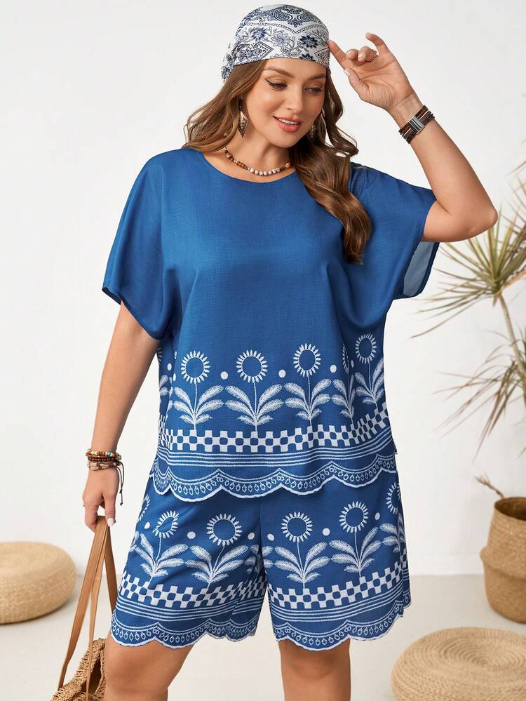 Plus Size Women Boho Plus Size Set Blue Embroidered Scallop Trim Top And Shorts Two Piece Outfit Summer Fashion Casual Short Sleeve Top And Shorts Set Summer Outfit For Plus Size Women Festival Outfits For Plus Size Women Beach Outfits For Plus Size Women Vacation Outfits Plus Size  Women Country Concert Outfit  Boho Outfit