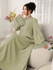 Al Najma Vestido de manga larga suelta con cuello redondo de unicolor, con cinta de empalme, para uso casual de vacaciones - Verde - Ver 3