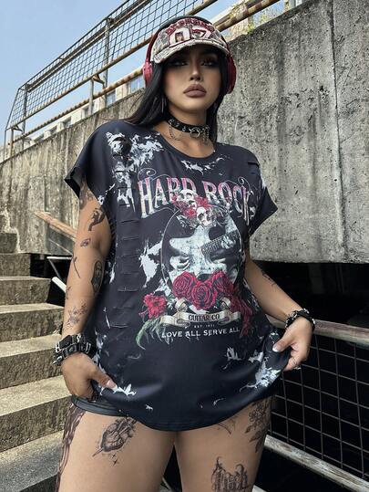 Whyspr Plus Size Round Neck Short Sleeve Tie-Dye Hollow Out Distressed Elegant Punk Rock Music Festival Loose T-Shirt For Women