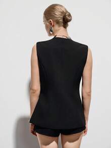 Aveloria Modichic Elegant Sleeveless Blazer Vest With Black Floral Embroidery, Summer Women's Party Nights, Formal Fitted Silhouette Polyester Blend Vest - Black - View 2