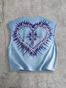 AXEPEAK Tank top crop tanpa lengan bermotif gaya Amerika retro - Blue and White - View 2