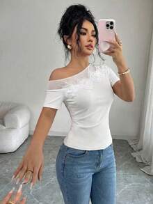 Selianne 1 buc femei primăvară/vară umeri oblici transparent plasă patchwork 3D floral decor ruched talie elegant tricou - alb - Vizualizare 4