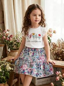 两件套：女童荷叶边袖上衣（趣味冰淇淋印花）和条纹裙 - 白色 - 查看 1