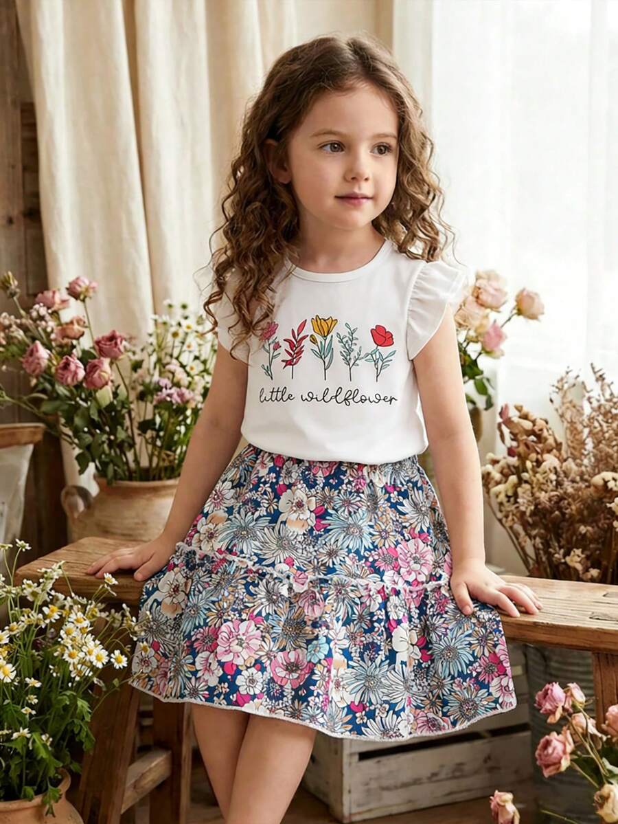 两件套:女童荷叶边袖上衣(趣味冰淇淋印花)和条纹裙 - 白色 - 查看 1