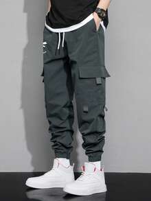 Claim Dot 宽松男士印花翻盖口袋抽绳腰工装裤 - 煙灰色 - 查看 5