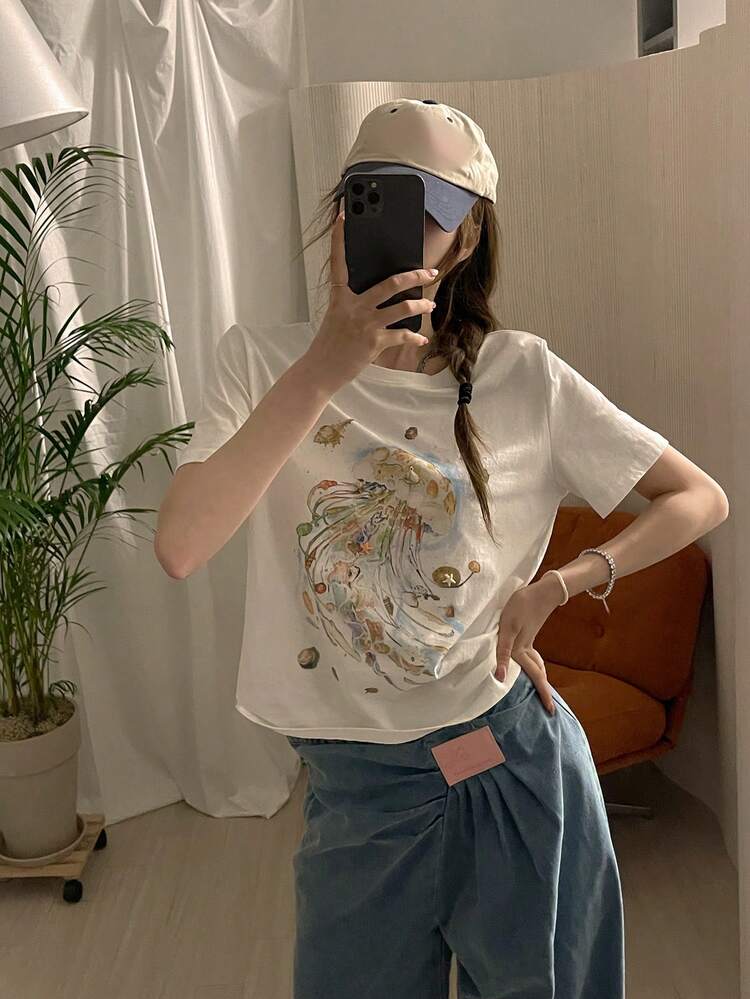 Women's Round Neck Korean Style Floral Print Handmade Beaded Short Sleeve T-Shirt