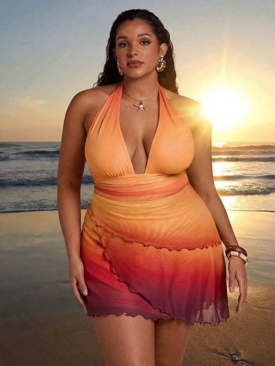 SHEIN BAE 大码女士渐变色吊带不对称迷你连衣裙，金属扣无袖连衣裙