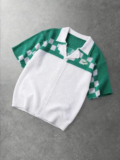 ROMWE MEN Street Life Men's Casual Daily Contrast Color Front Button Short Sleeve Knit Top