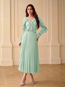 ZEYLAH Vestido midi con cuello en V, manga larga, volantes y pliegues - Verde Pastel - Ver 4