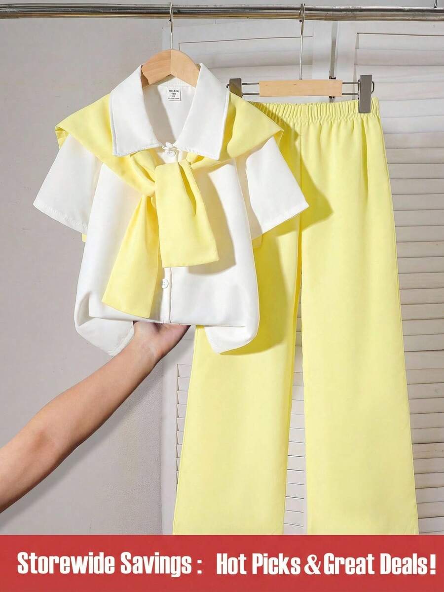 SHEIN مجموعة مكونة من 3 قطع لفتيات المراهقات: قميص أصفر ذو أكمام قصيرة، شال، وبنطال كاجوال، أناقة كاجوال للربيع والصيف - أصفر - مشاهدة 1