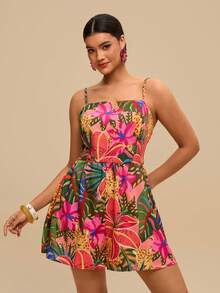 Travachic Plus Size Tropical Print Jumpsuit For Summer Vacation,Summer,Summer Outfits For Women,Summer Clothes, Beach Outfits For Woman Tropical Dress Hawaiian Dress Curve Tropical Dress Curve Hawaiian Dress Sundress - Burnt Orange - View 4