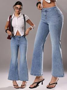 TRNVIE Celana Jeans Wanita Pinggang Tinggi Elastis dengan Potongan Mengembang - Light Wash - View 1