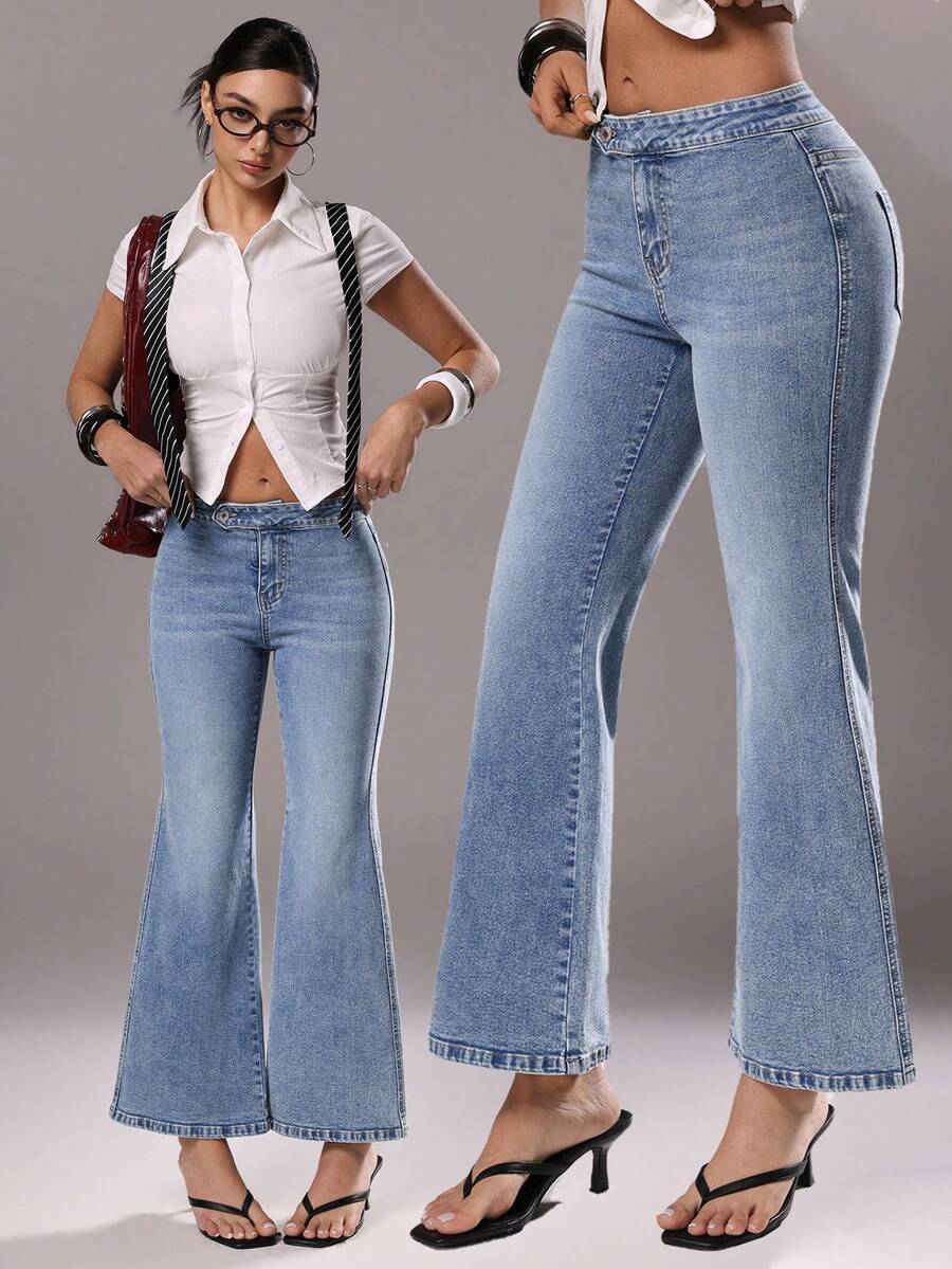 TRNVIE Celana Jeans Wanita Pinggang Tinggi Elastis dengan Potongan Mengembang - Light Wash - View 1