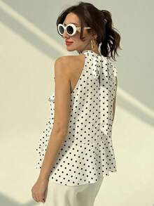 Aloruh Women's Retro Polka Dot Bohemian Ruffle Trim Fitted Tank Top - White - View 3