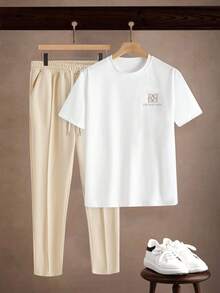 Manfinity Homme 男士休闲通勤字母刺绣短袖白色T恤搭配抽绳腰带前缝修身长裤套装，春夏秋季 - 彩色 - 查看 1