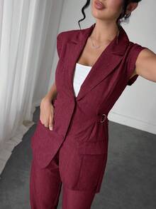 Modelyn 女款秋季酒紅色兩件式套裝，優雅無袖西裝外套與長褲，現代側綁腰商務正裝，適合女士辦公室工作 - 紅色 - 查看 3