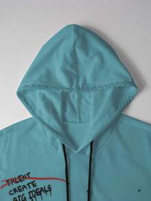 Manfinity Roughcore Men's Letter Print Drawstring Hooded Casual Versatile Daily Wear Short Sleeve T-Shirt - Dusty Blue - View 4