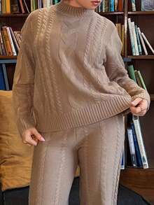 Bethéva 女式卡其色圆领长袖休闲毛衣上衣和裤子两件套，冬季服装 - 卡其色 - 查看 3