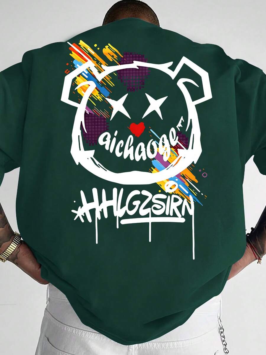 Manfinity Dauomo 男士简约印花圆领短袖T恤，夏季 - 彩色 - 查看 1