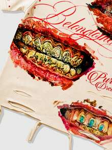 ROMWE MEN 2026 Summer New Printed T-Shirt, Casual Fashion Rhinestone Embellished Short Sleeve T-Shirt, Unisex Couple Tee - Apricot - View 2