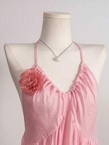 GlowEve Women's Elegant Backless Dress With 3D Floral Decor, Suitable For Vacation - Pink - View 5