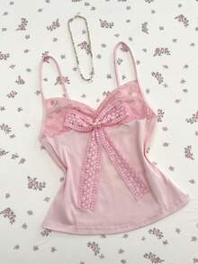 Elamini 粉色撞色蕾丝珍珠蝴蝶结装饰吊带背心，露背修身女式吊带衫，甜美可爱，优雅大方，适合春夏穿着，可用于上学、约会、购物、日常穿着。 - 粉色 - 查看 3