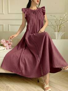 Vestido de verano casual, de uso diario y para vacaciones, con mangas cortas, encaje, calado y corte holgado - Morado - Ver 2
