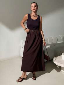 Lavishia Sleeveless Jacquard Splice Elegant Midi Dress For Daily Wear - Brown - View 1