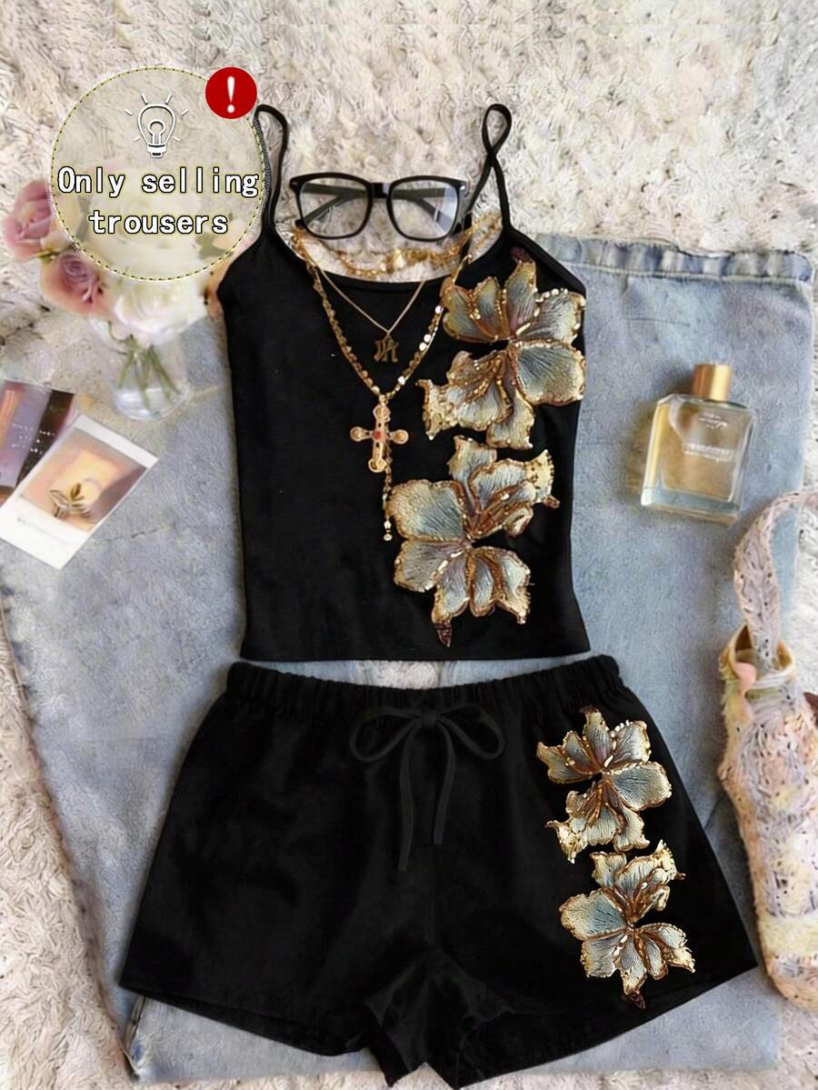 Glimmora 女士休闲印花抽绳短裤 - 黑色 - 查看 1