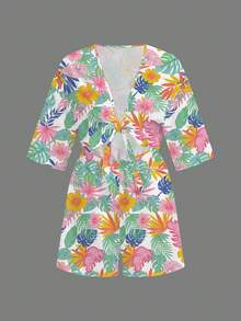 Slaydiva Spring/Summer New Vacation Twist Front Hollow-Out 3/4 Sleeve Loose Romper/New Music Festival/Western /Boho/Easter/Nashville/Casual All-Match Versatile Leisure/Travel Beach Sunbathing/Vacation/Tropical Print - Multicolor - View 4