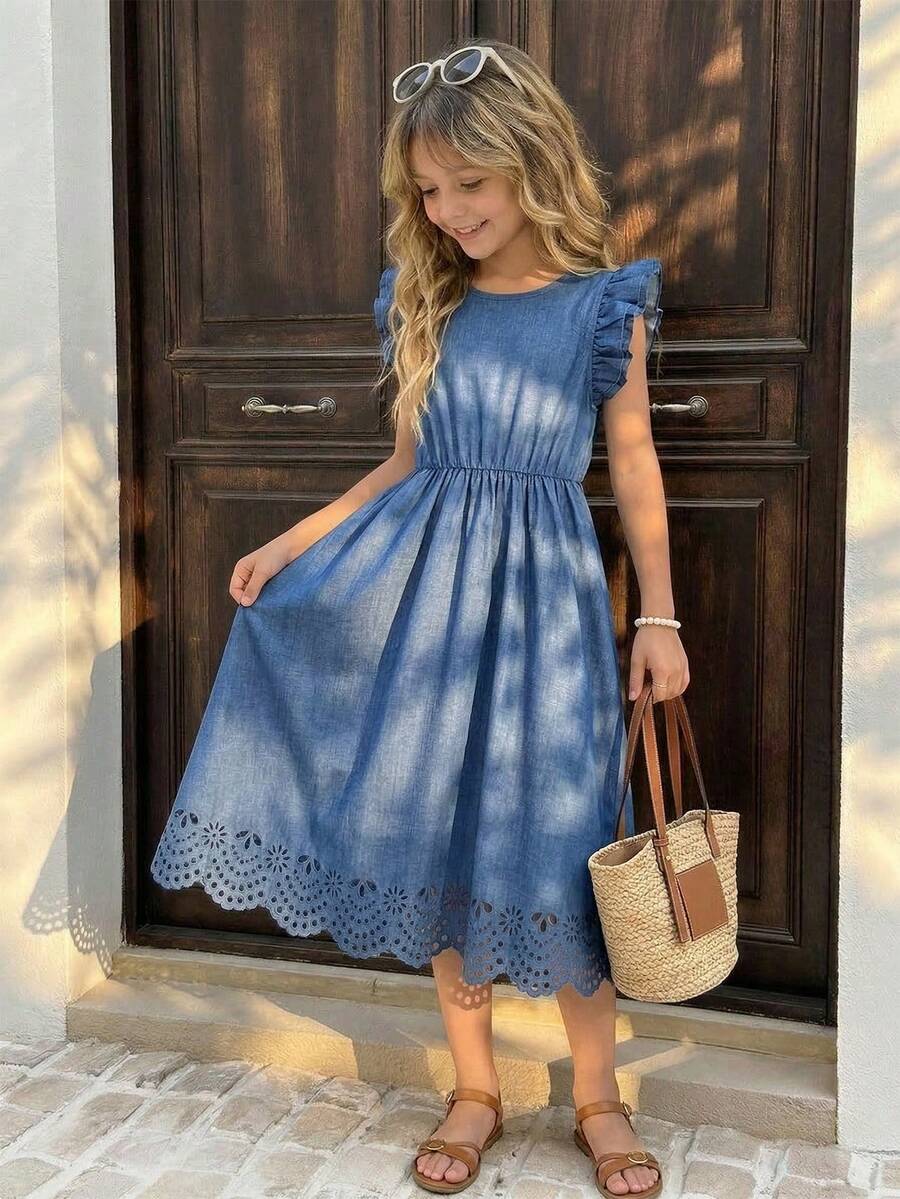 SHEIN 1pc Tween Girl Casual Woven Bamboo Linen Blend Round Neck Cap Sleeve Laser Cutout Hem Fitted Blue Dress, Elegant & For Daily Wear, Commute, Party - Blue - View 1