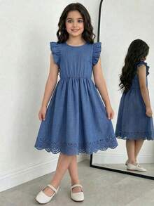 SHEIN 1pc Tween Girl Casual Woven Bamboo Linen Blend Round Neck Cap Sleeve Laser Cutout Hem Fitted Blue Dress, Elegant & For Daily Wear, Commute, Party - Blue - View 3