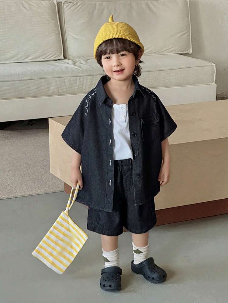 Young Boy Summer Casual Fashion Street Daily Commute Flap Pocket Shirt And Loose Denim Shorts Set