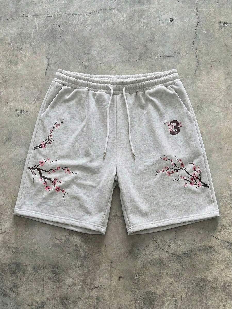 AXEPEAK Men's Branch Print Drawstring Waist Pocket Casual Shorts - Grey - View 1