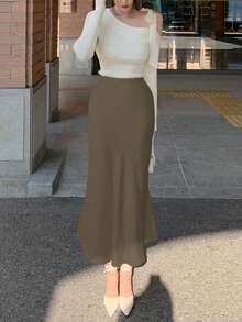 DAZY Women's Fitted Solid Color Satin Skirt, Spring/Summer - Olive Green - View 7
