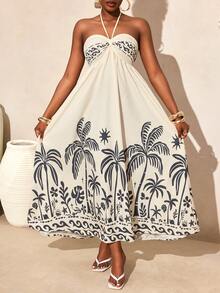 BamGleam Women's Palm Tree Print Dress, Vacation Style - Black and White - View 1