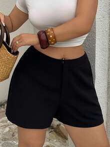 Dazy Plus Plus Size Solid Color Loose Straight Leg Casual Black Pants, All Season Summer - Black - View 2