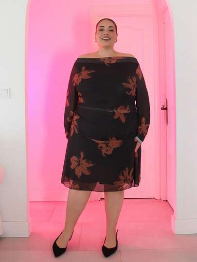 Pretty and Ole 大码女式拼色印花长袖连衣裙