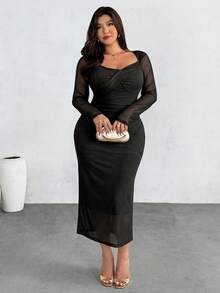 Firerie Plus Size Comfortable Casual Elegant Vacation Camisole Criss-Cross Neck Elastic Mesh Ruched Fitted Long Sleeve Dress, Suitable For Spring, Summer, Autumn & Winter - Black - View 4
