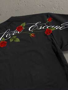 StoneGrade 玫瑰手写字体印花休闲宽松短袖T恤，男士时尚百搭，约会聚会必备单品，也适合作为送给男友的礼物。 - 黑色 - 查看 2