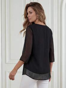 Medorina Women's Solid Color V-Neck Mesh 3/4 Sleeve Loose Blouse Casual Spring Summer - Black - View 2