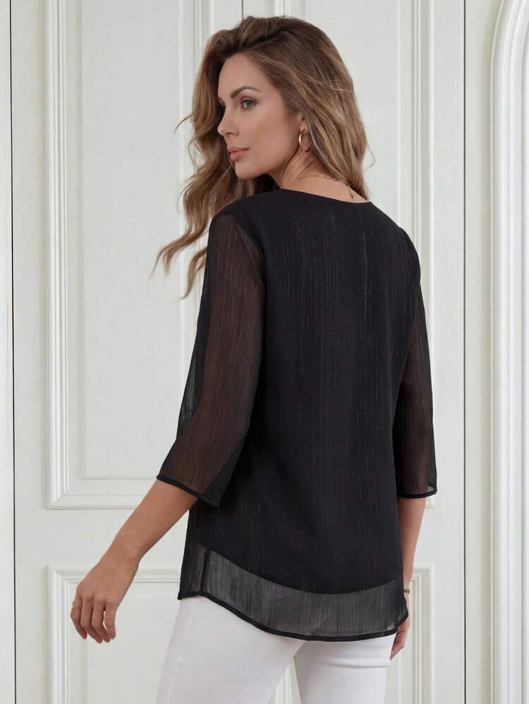 Women's Solid Color V-Neck Mesh 3/4 Sleeve Loose Blouse Casual Spring Summer