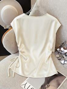 Balvessa Women's Round Neck Beaded Drawstring Short Sleeve Blouse - Apricot - View 2