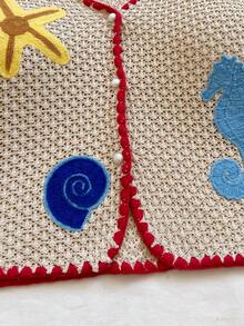 Soleia Women's Vacation Beach Contrast Trim Embroidered Knit Top - Apricot - View 5